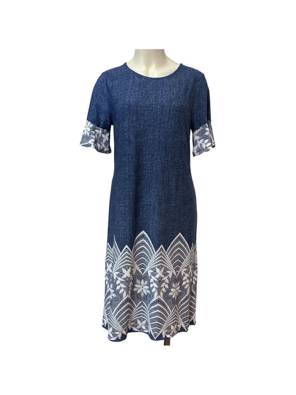 Ellen Weaver Blue Dress M White Lace Trim Short Sleeve Stretch